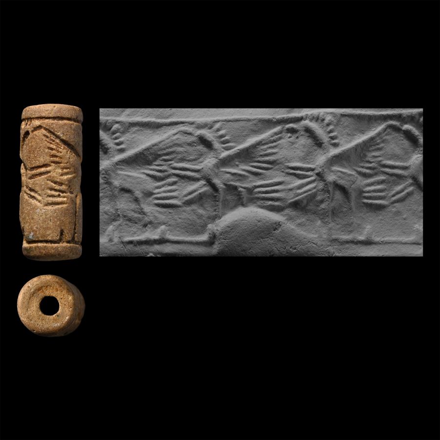 Neo-Assyrian Buff Stone Cylinder Seal with Gryphons