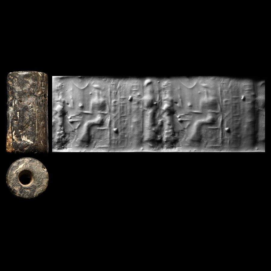 Western Asiatic Grey Stone Cylinder Seal with Presentation Scene