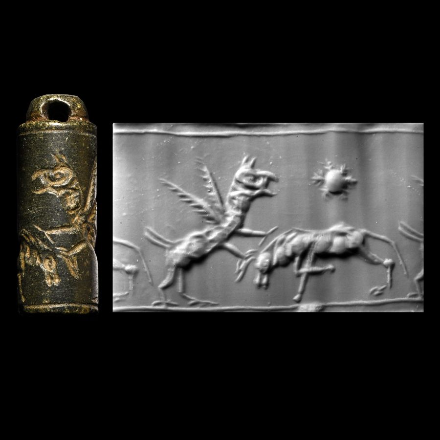 Achaemenid Grey Stone Cylinder Seal Pendant with Gryphon and Ibex