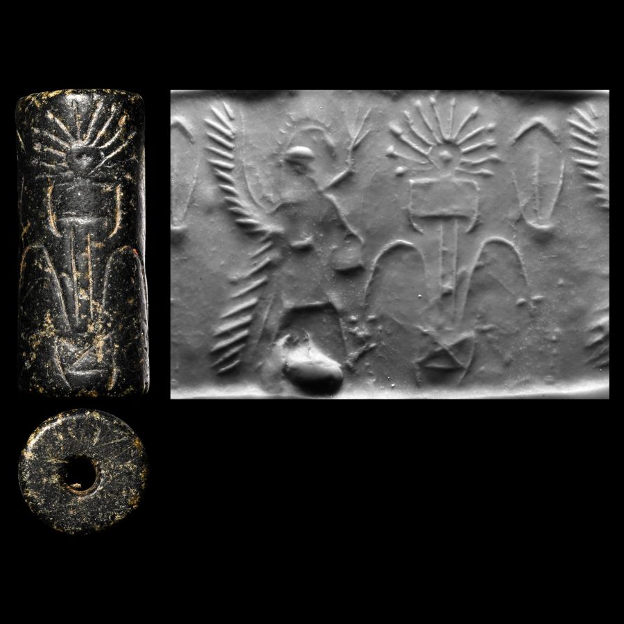 Western Asiatic Grey Stone Cylinder Seal with Foal and Bird