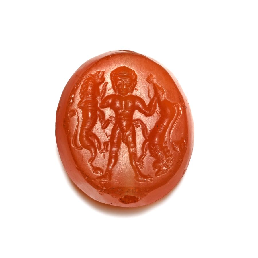 Eastern Greek Carnelian Scaraboid Gemstone with Nude Hero Holding Lions
