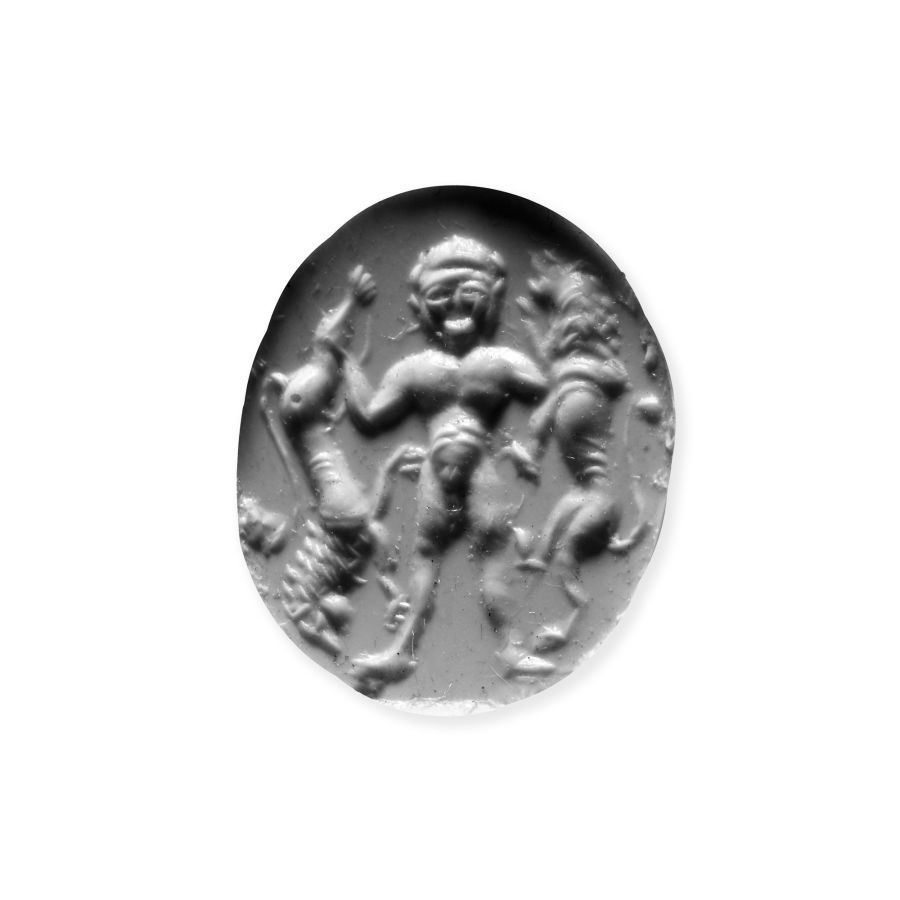 Eastern Greek Carnelian Scaraboid Gemstone with Nude Hero Holding Lions
