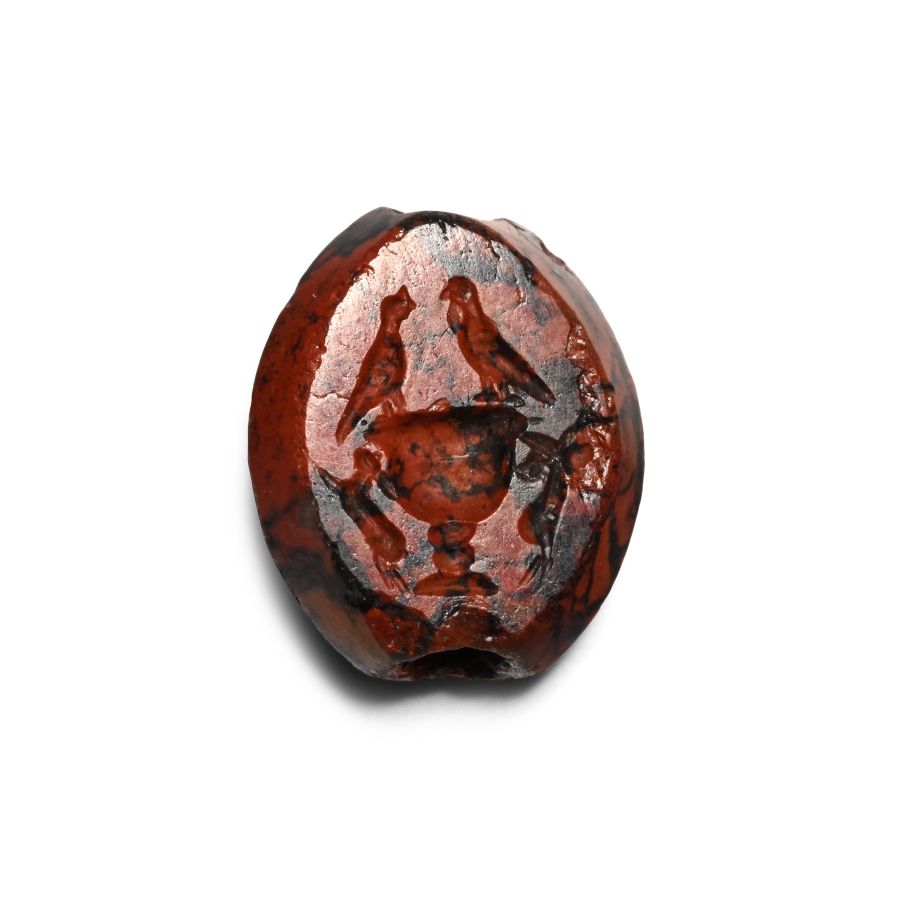Greek Red Variegated Gemstone with Chalice and Birds