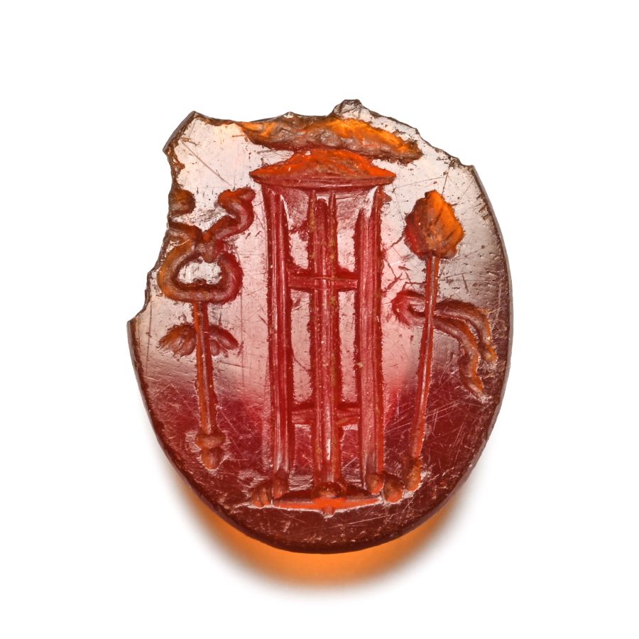Roman Carnelian Gemstone with Tripod and Sceptres of Bacchus and Mercurius