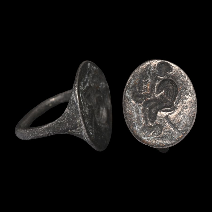 Greek Silver Ring with Seated Goddess Holding a Dove