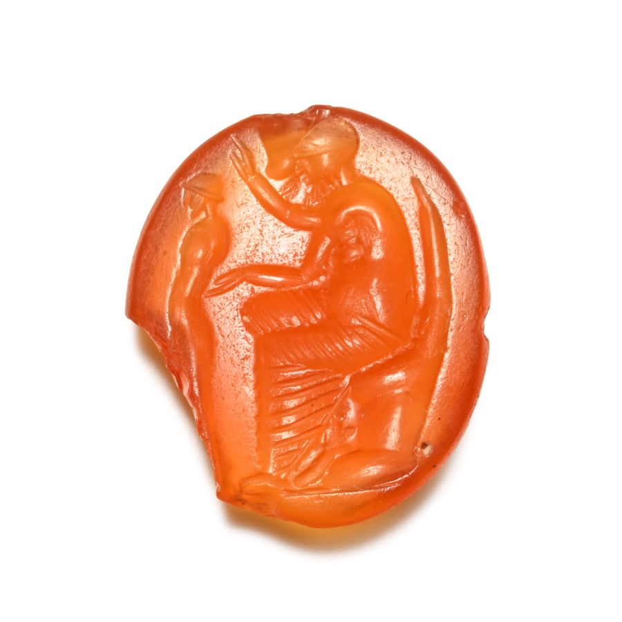 Graeco-Roman Carnelian Gemstone with Seated Sculptor and Herm