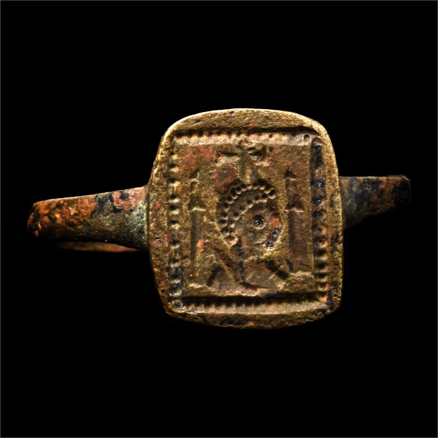 Byzantine Bronze Ring with Cross Over Bust