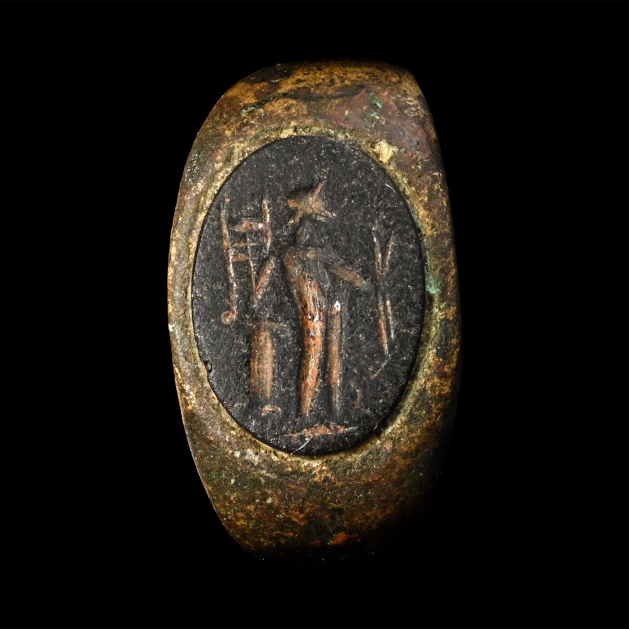 Roman Bronze Ring with Mercury Glass Intaglio