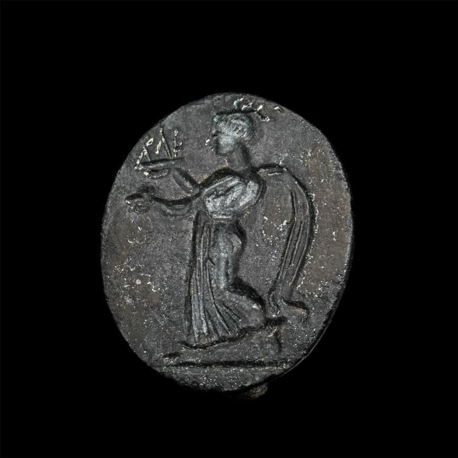 Large Greek Bronze Ring Bezel with Goddess