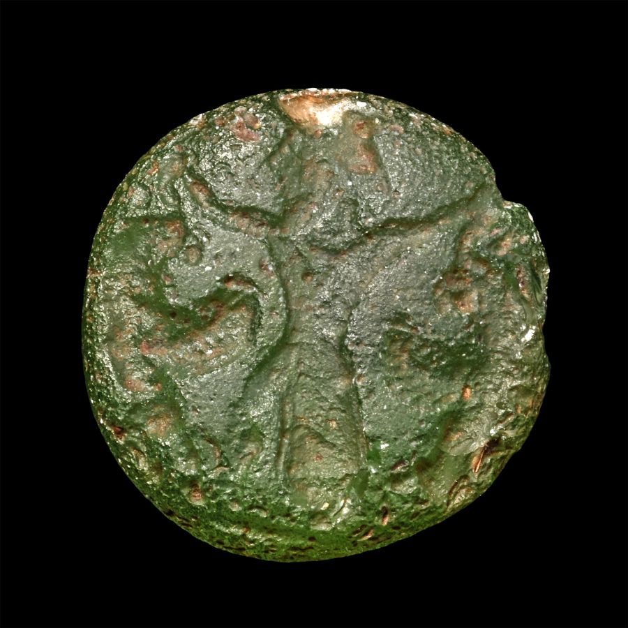 Western Asiatic Glass Stamp Seal with Deity and Animals