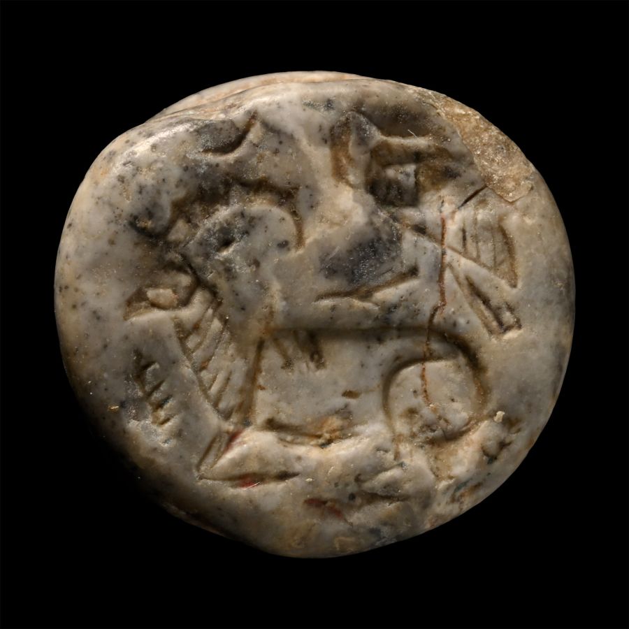 Western Asiatic Grey Marble Stone Stamp Seal with Bird and Ibex