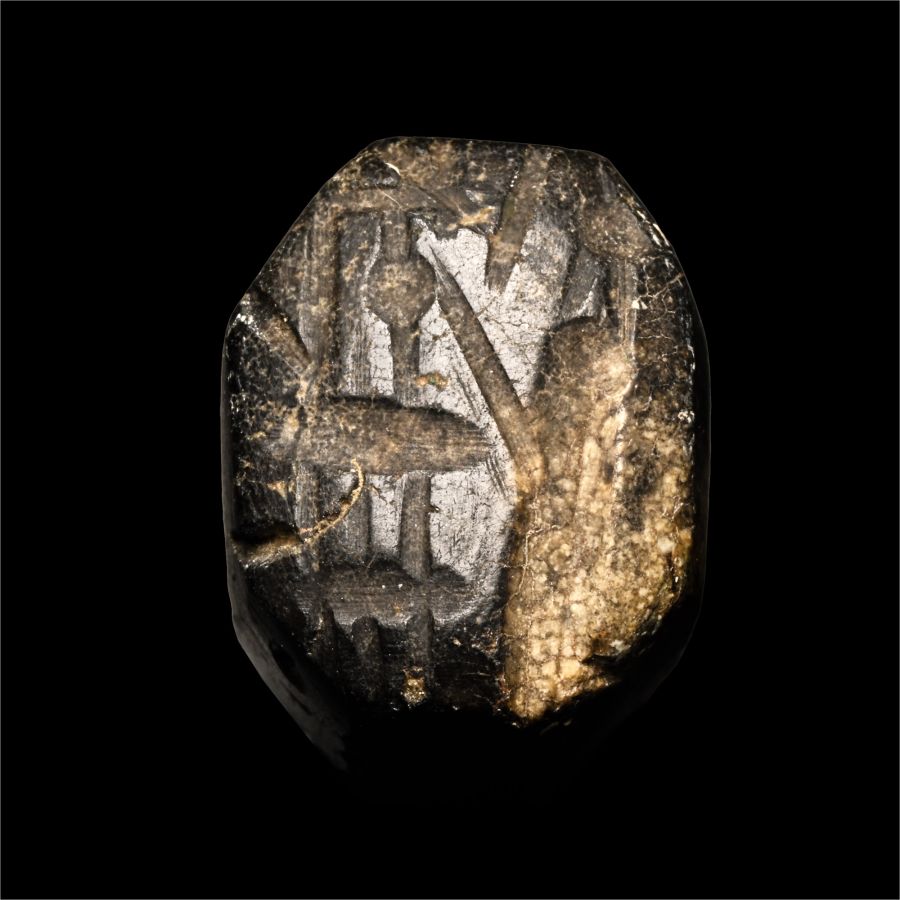 Neo-Babylonian Mottled Brown Stone Stamp Seal with Figure