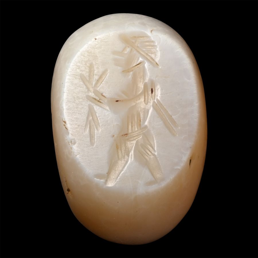 Sasanian White Speckled Cream Stone Stamp Seal with Figure