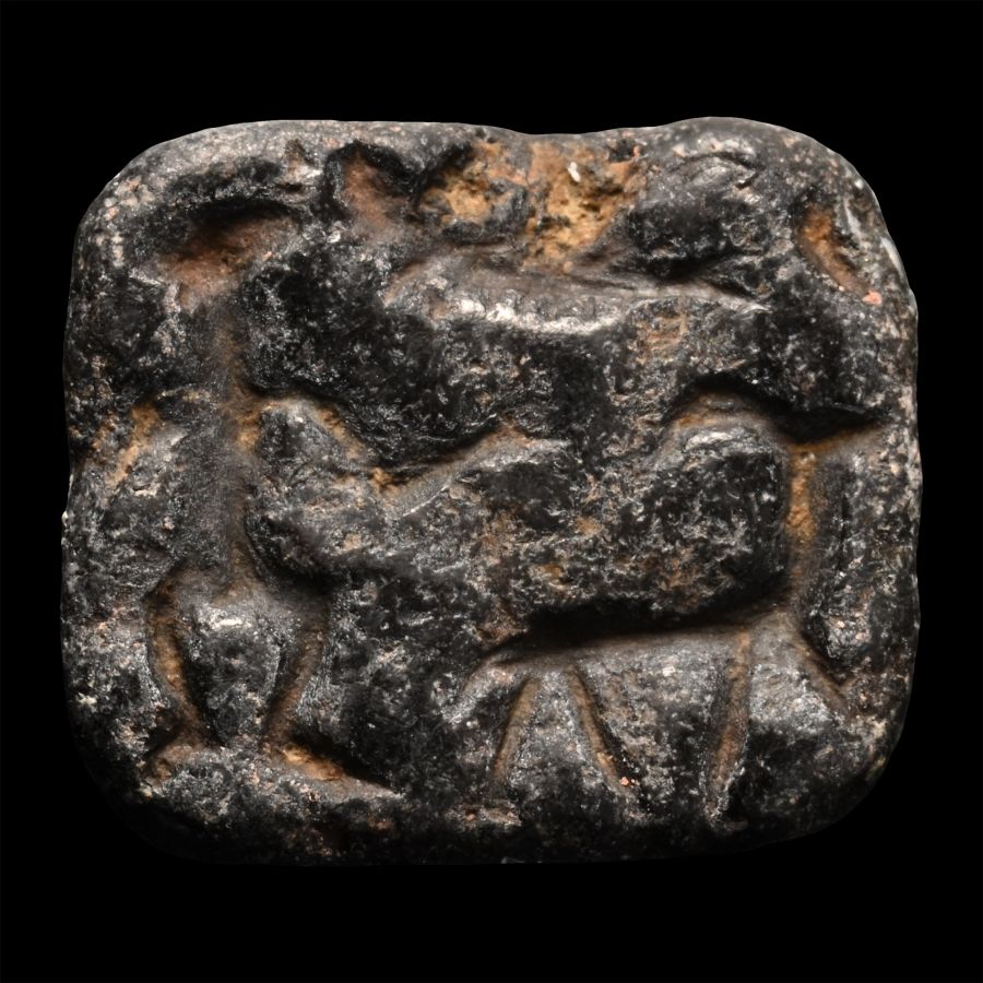 Western Asiatic Black Stone Stamp Seal with Figure and Animals