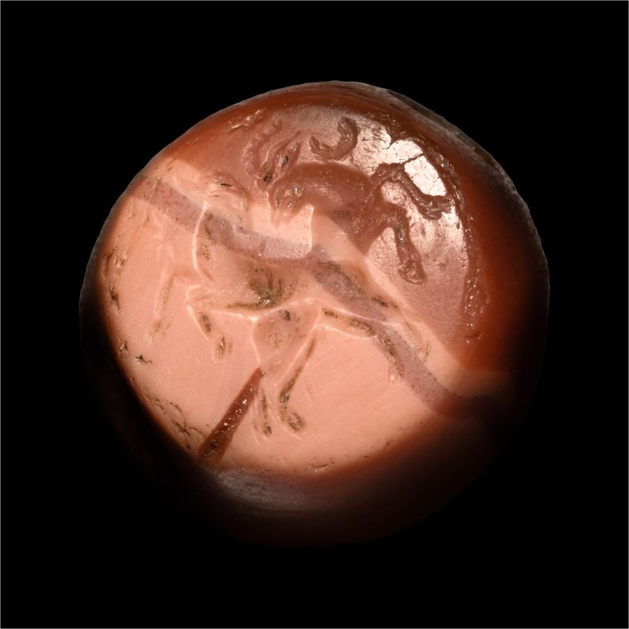 Sasanian Pink Banded Agate Stamp Seal with Two Ibexes