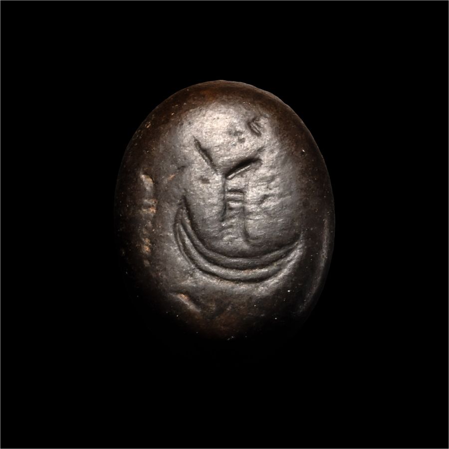 Neo-Babylonian Black Stone Stamp Seal with Figure in Boat