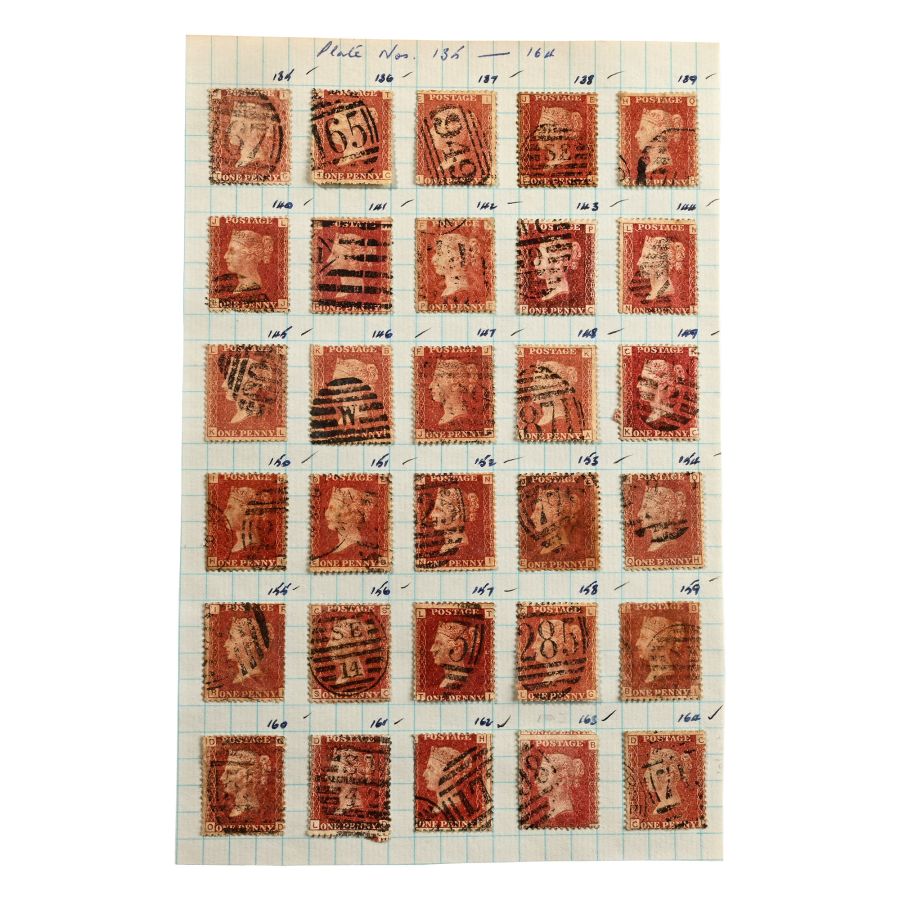 Victorian Penny Red Stamps with Plate Numbers 135 to 164