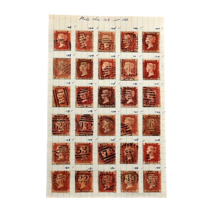 Victorian Penny Red Stamps with Plate Numbers 103 to 134