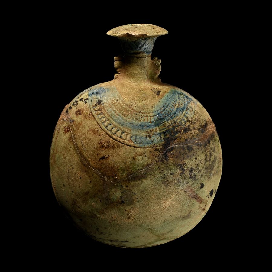 Egyptian Glazed Faience New Year Flask with Baboons