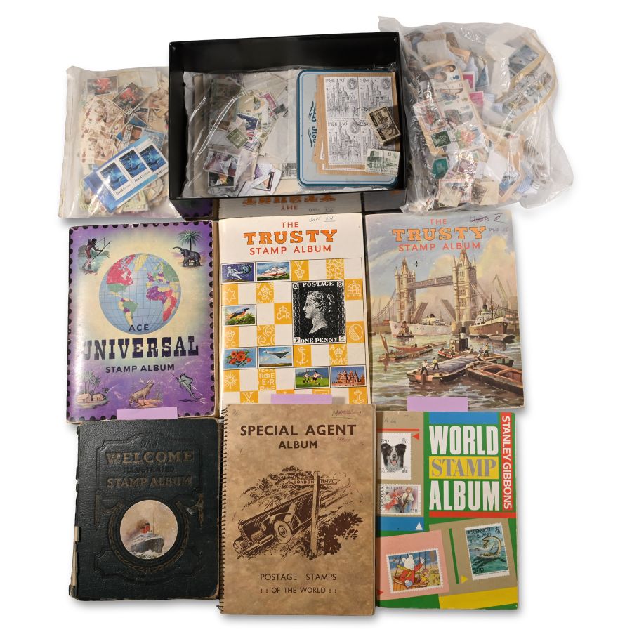 Collection of World Stamps in Six Albums and Various Bags