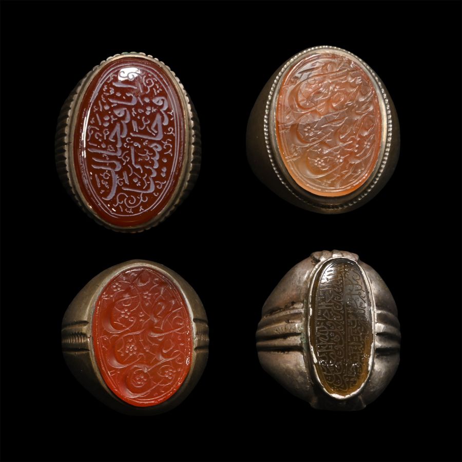 Western Asiatic Silver-Coloured Metal Rings with Calligraphic Gemstones