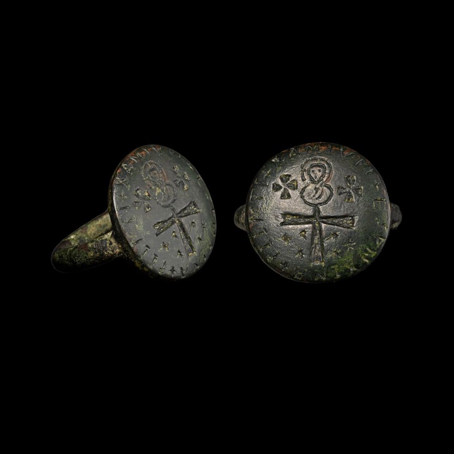 Large Byzantine Bronze Ring with Cross and Saint