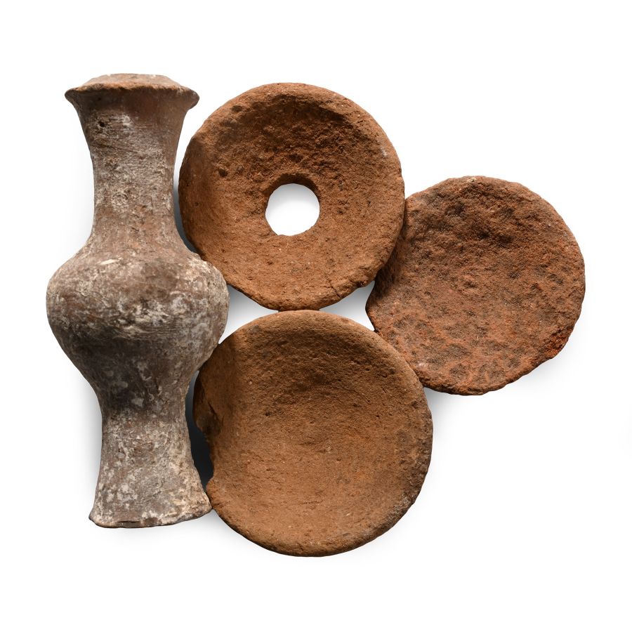 Greek Terracotta Spindle-Flask and Votive Plate Group