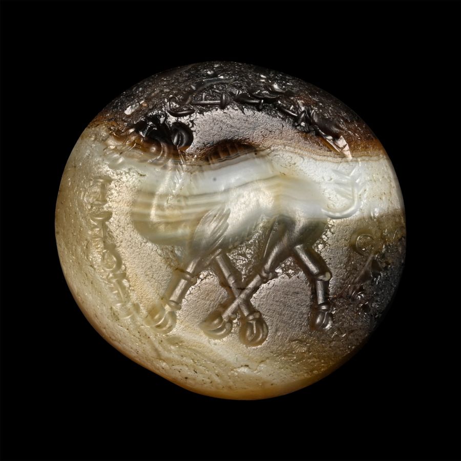 Sasanian Banded Agate Stamp Seal with a Dromedary Camel and Inscription