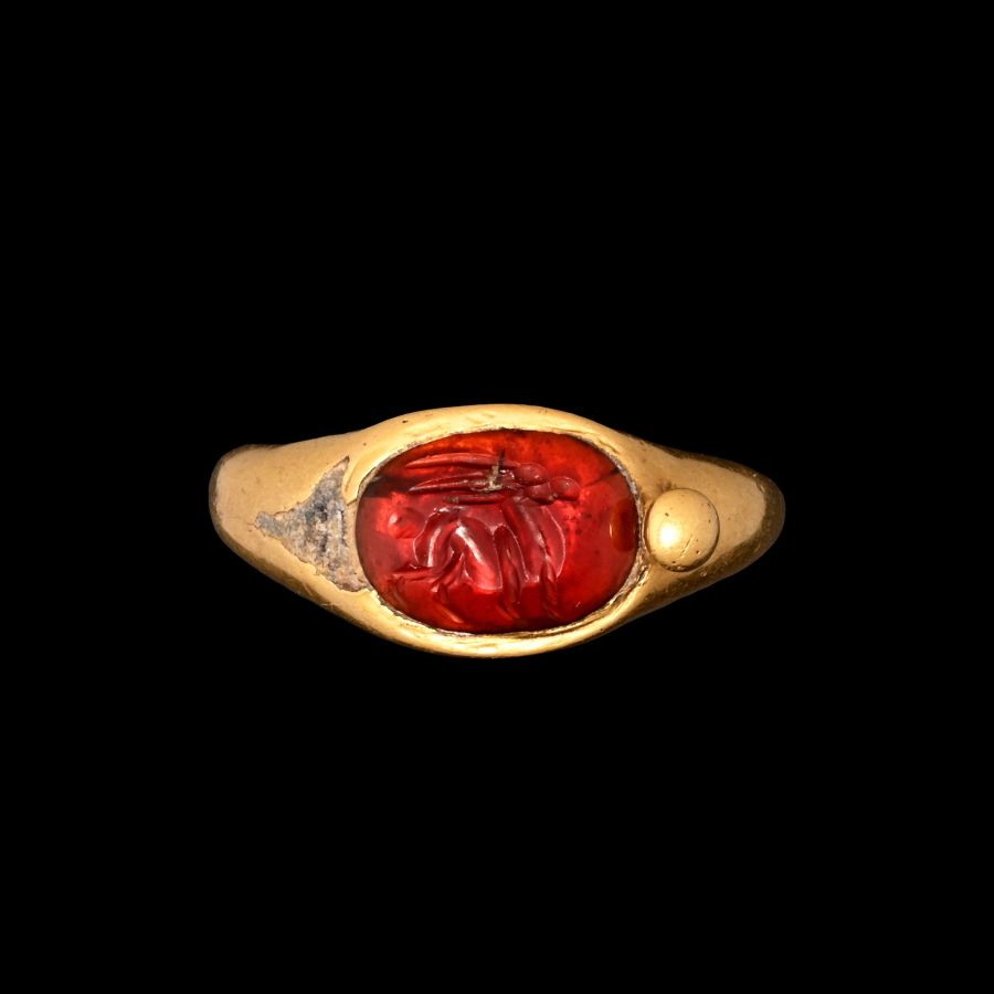 Sasanian Gold Ring with Garnet Gemstone of an Ibex