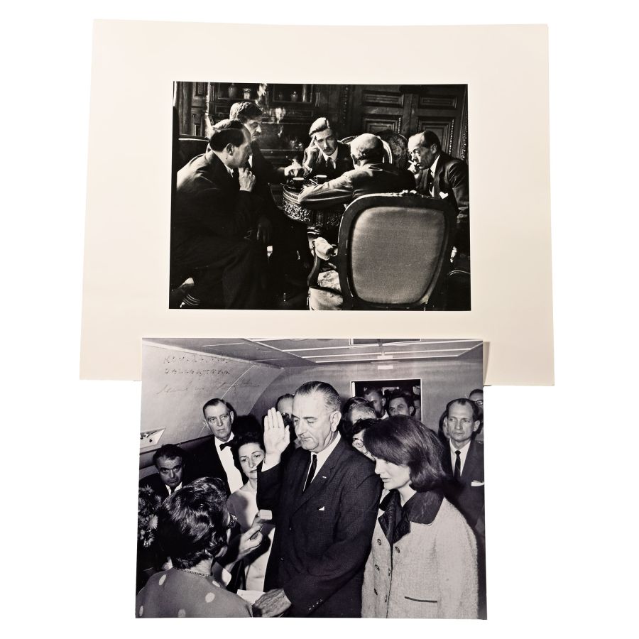 Anthony Eden, Pierre Laval, Francois Piétri, and Henri Berenger meeting by Lucian Aigner; Cecil Stoughton, Lyndon B Johnson being sworn in as president after the assassination of J.F.K.