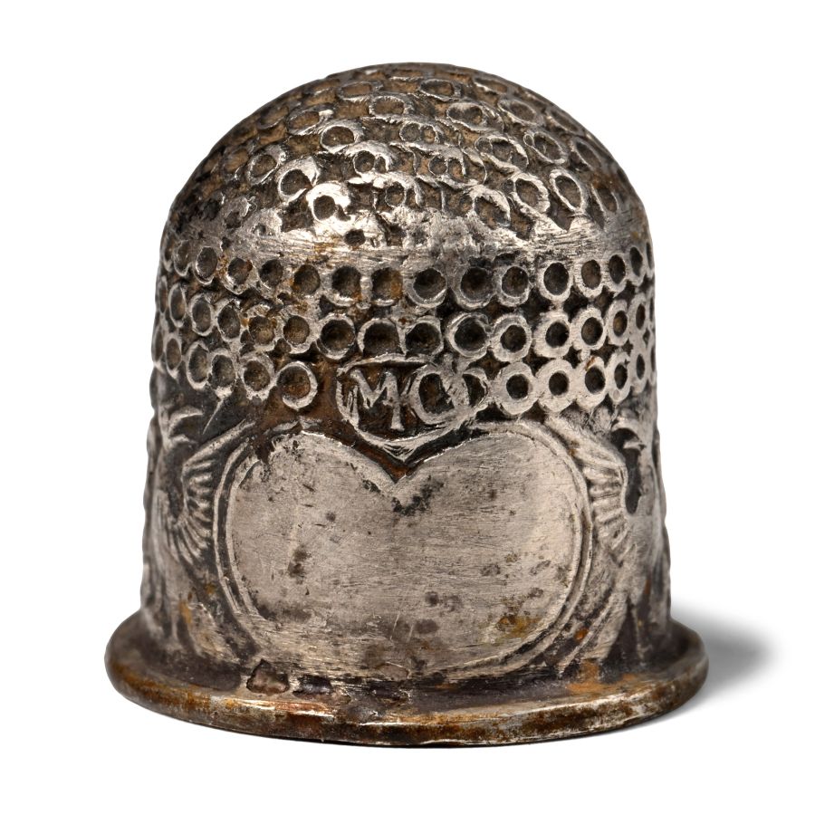 Post Medieval Silver Thimble with Heart-Shaped Cartouche Flanked by Birds