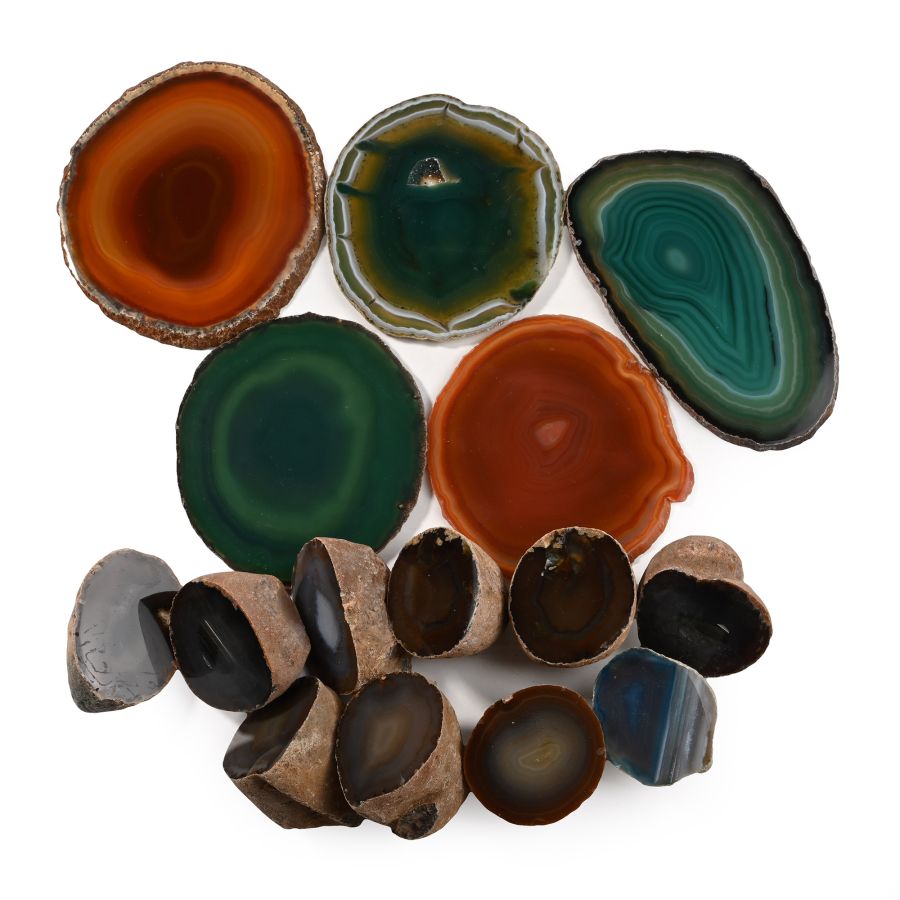 Group of Fifteen [15] Cut and Polished Agate Geode Slices and Halves