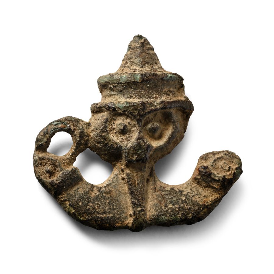 Anglo-Saxon Bronze Florid Brooch Terminal with Moustached Face