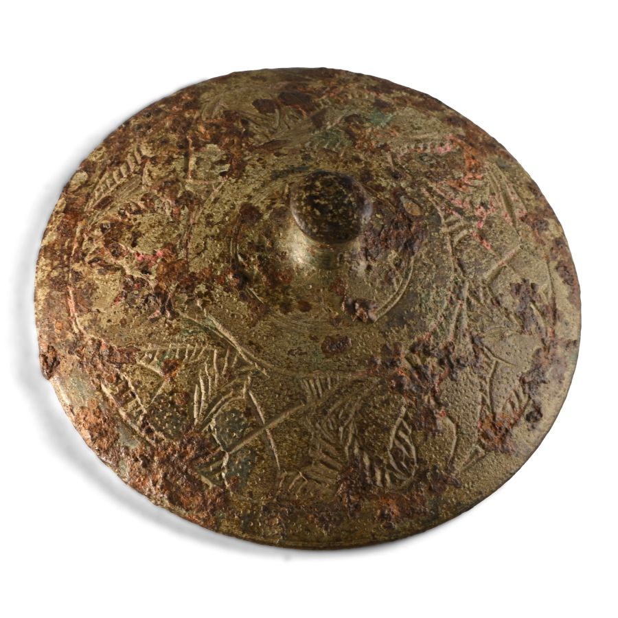 Medieval Bronze Lid with Engraved Floral Design