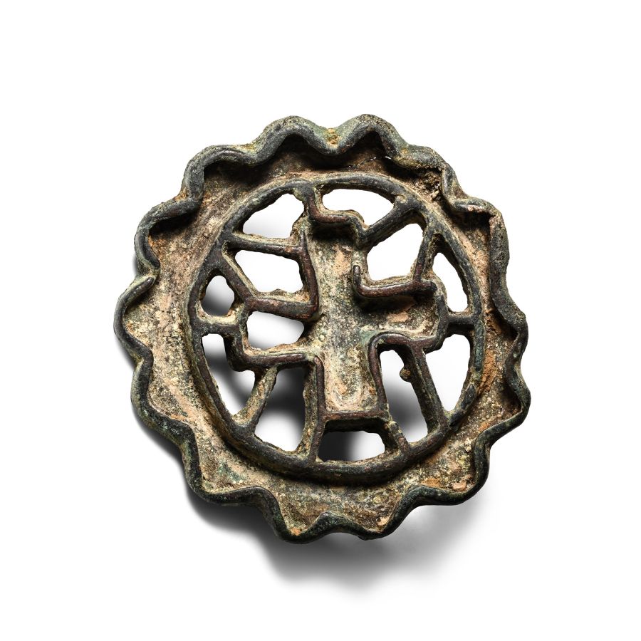 Large West Central Asian Bronze Scalloped Seal Matrix with Greek Cross