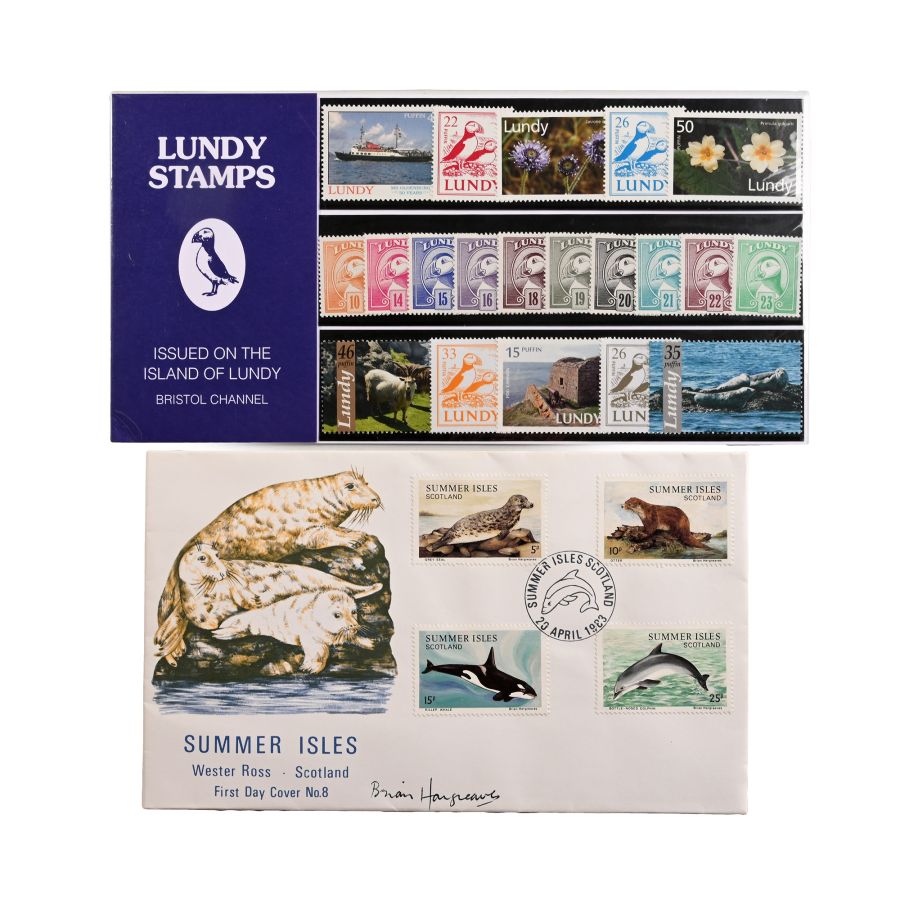 Set of Twenty [20] Mint Stamps from the Island of Lundy and Artist Signed Scotland Wildlife First Day Cover