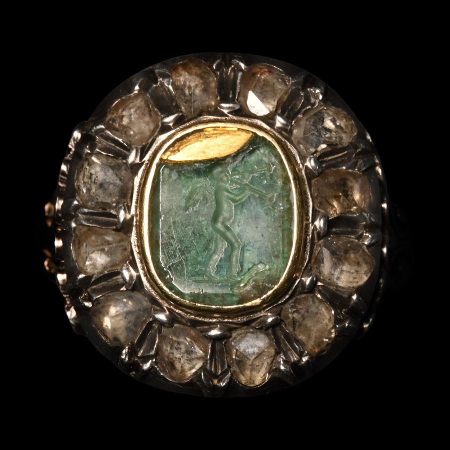 Diamond Locket Ring Set with Emerald Intaglio of Amor, God of Love, Playing Diaulos