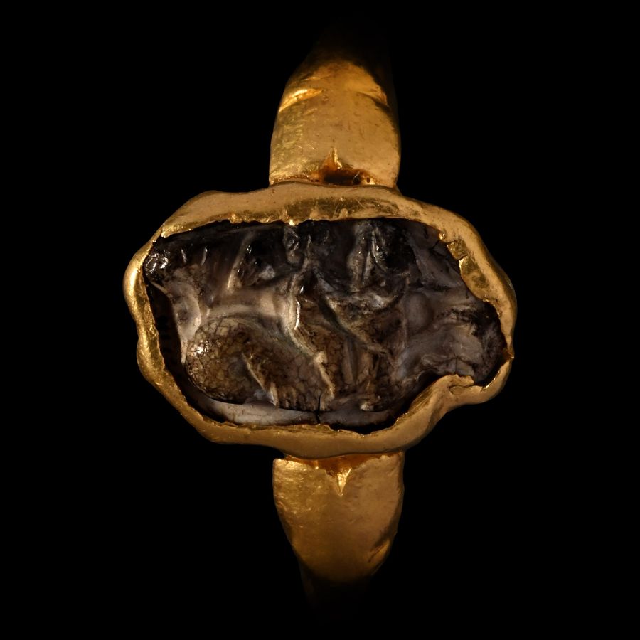 Roman Gold Ring with Burnt Agate Cameo of Eros, the Greek God of Love Riding a Hippocampus