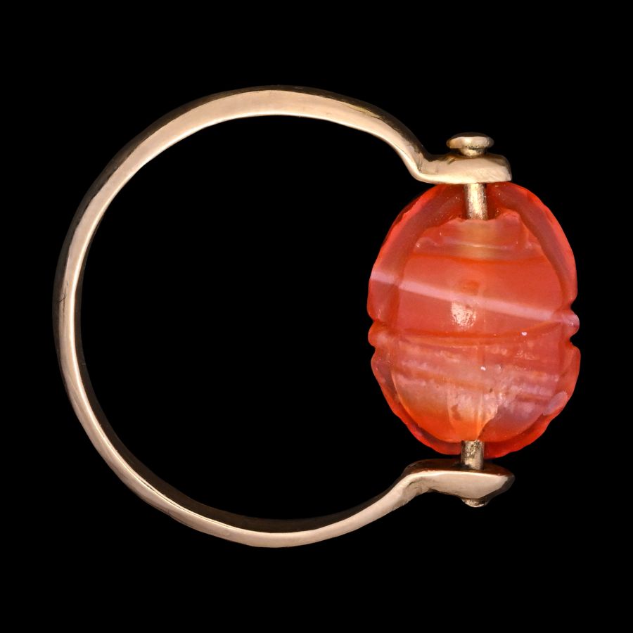 Romano-Egyptian Agate Scarab Engraved with the Goddess Fortuna Mounted in a Gold Ring
