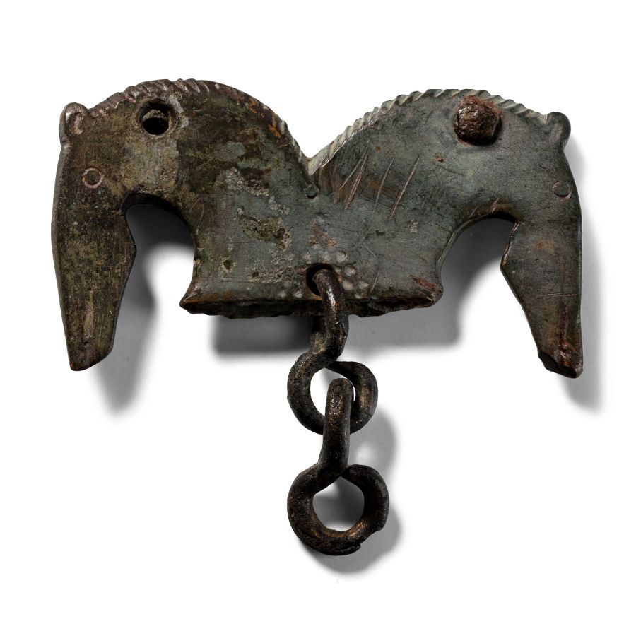 Roman Military Bronze Chape with Horse Heads