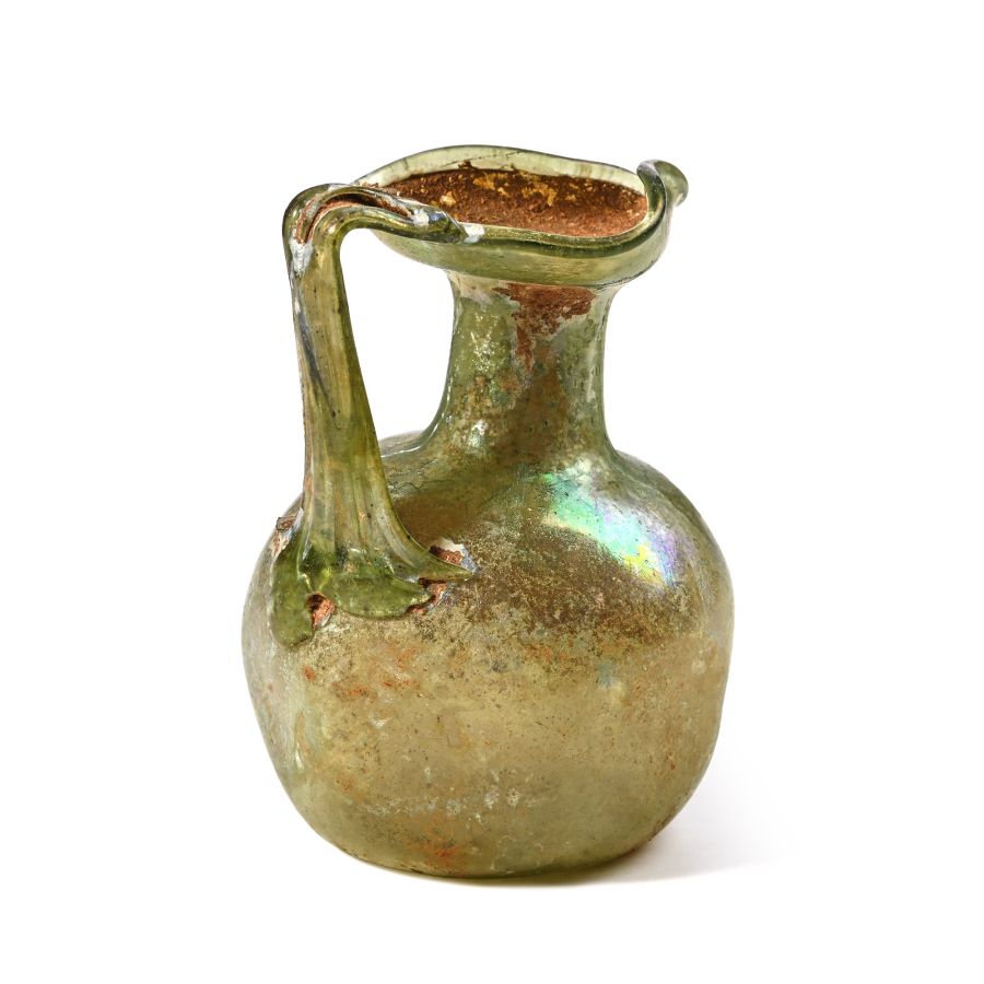 Roman Iridescent Green Glass Trefoil Oinochoe
