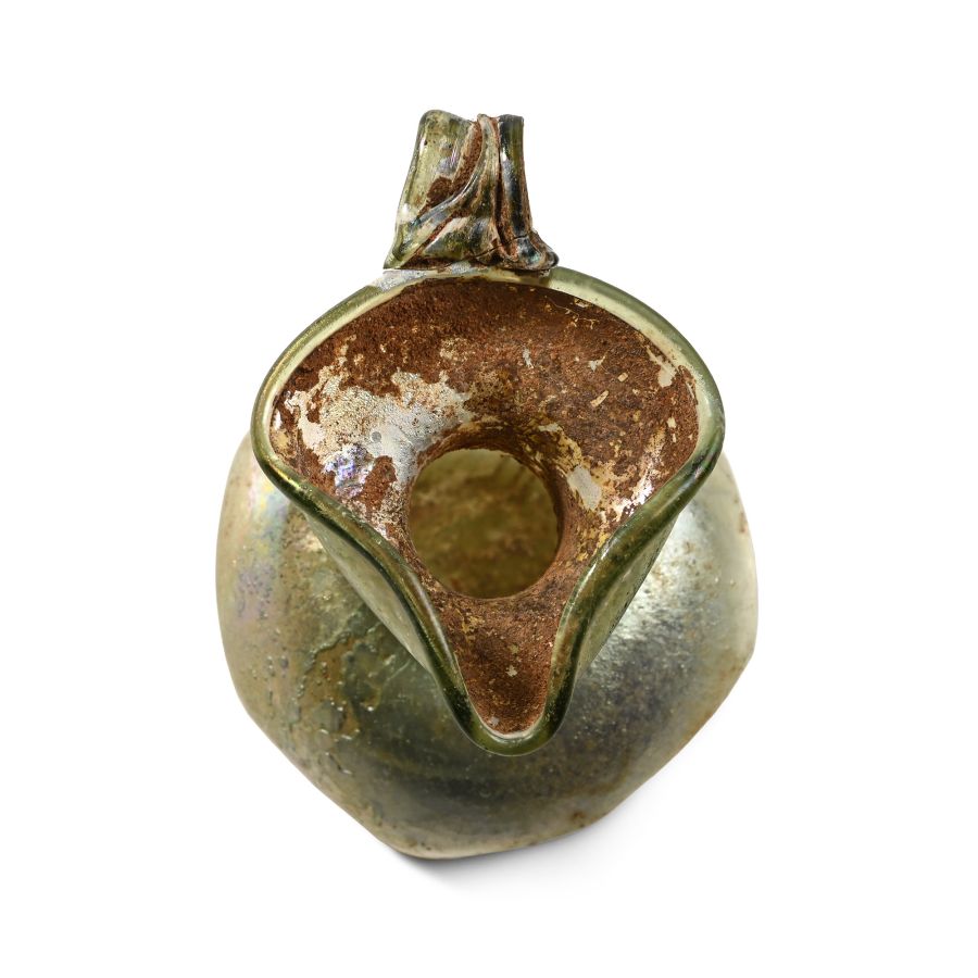 Roman Iridescent Green Glass Trefoil Oinochoe