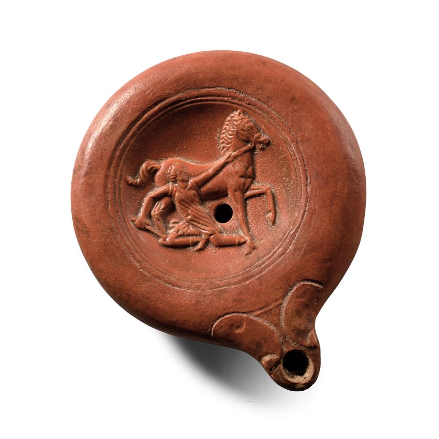 Large Roman Terracotta Oil Lamp with 'Fallen Amazon' and Horse