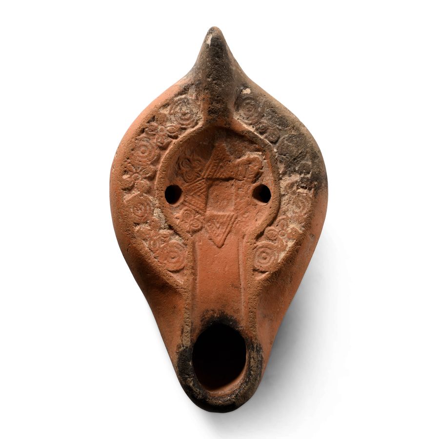 Large Late Roman Terracotta Oil Lamp with Floral Design