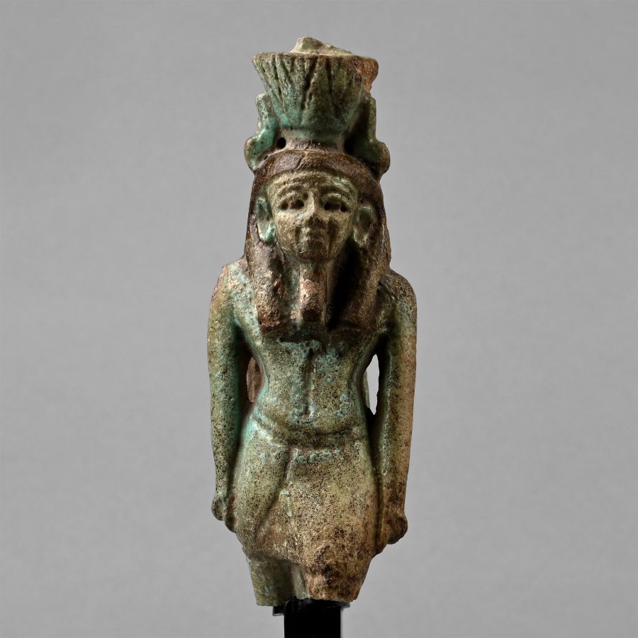 Large Egyptian Green Faience Figure of Nefertum with Figure of Sekhmet to the Reverse