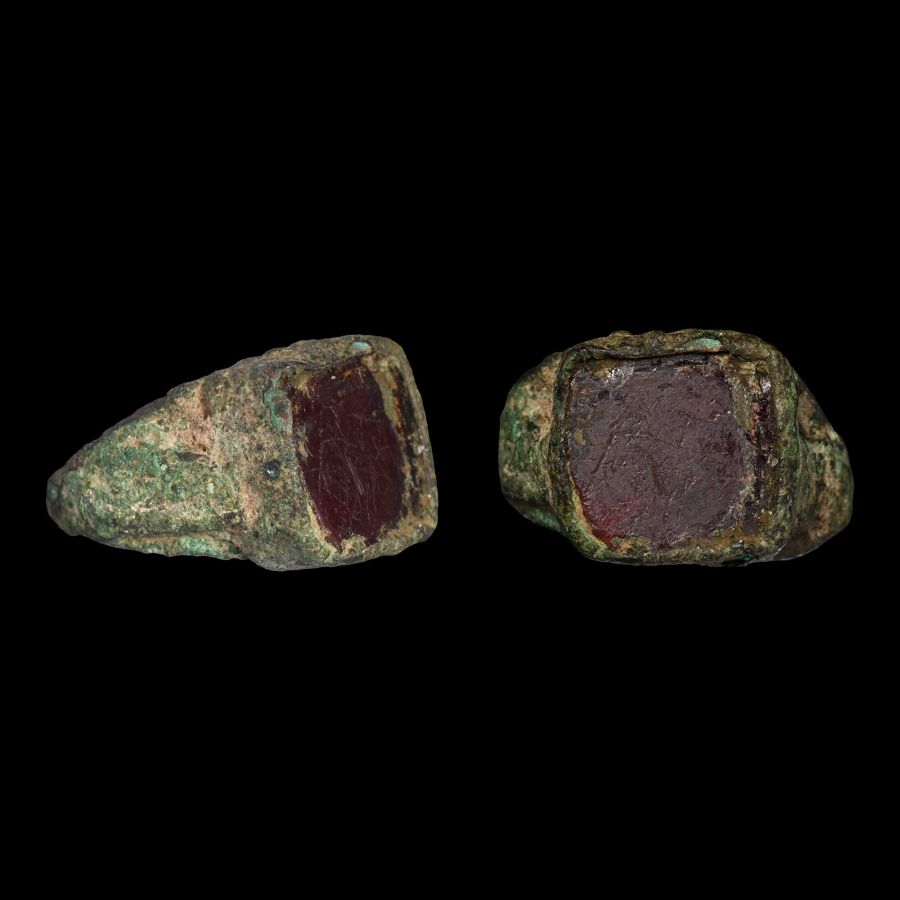 Late Roman Bronze Ring with Flatbed Garnet Gemstone