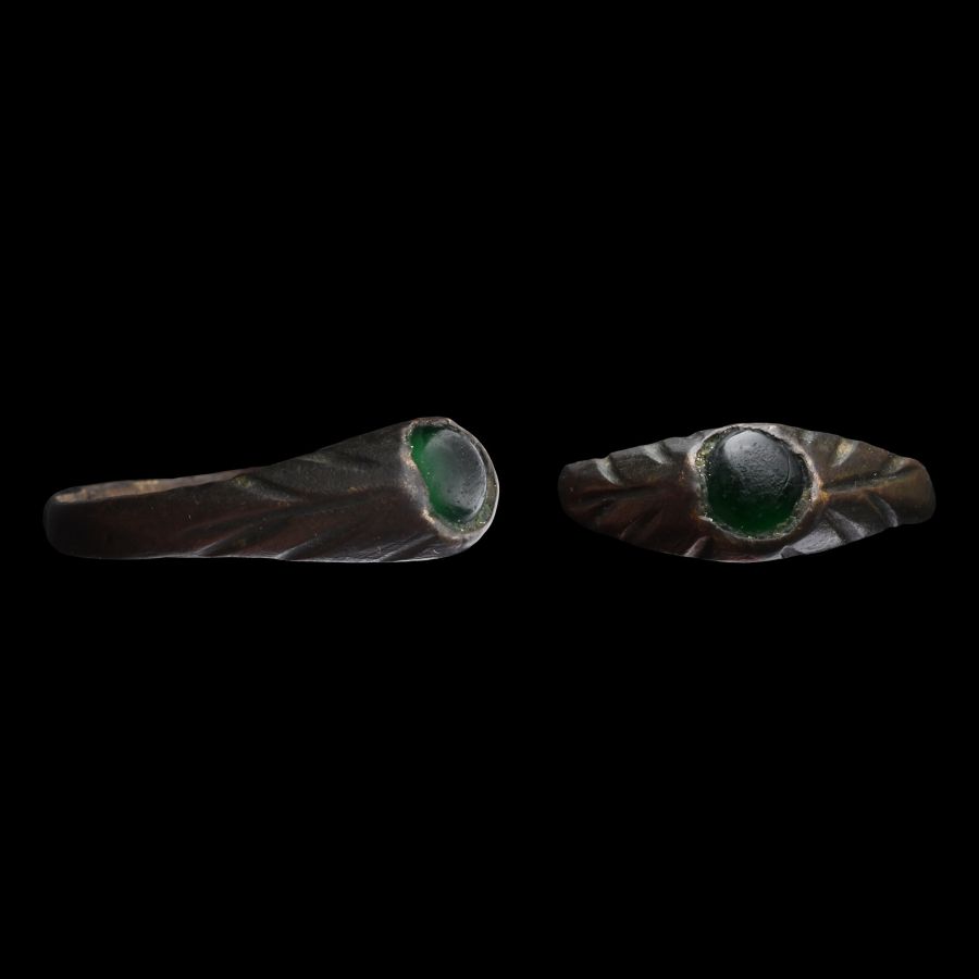 Byzantine Bronze Stirrup Ring with Green Gem