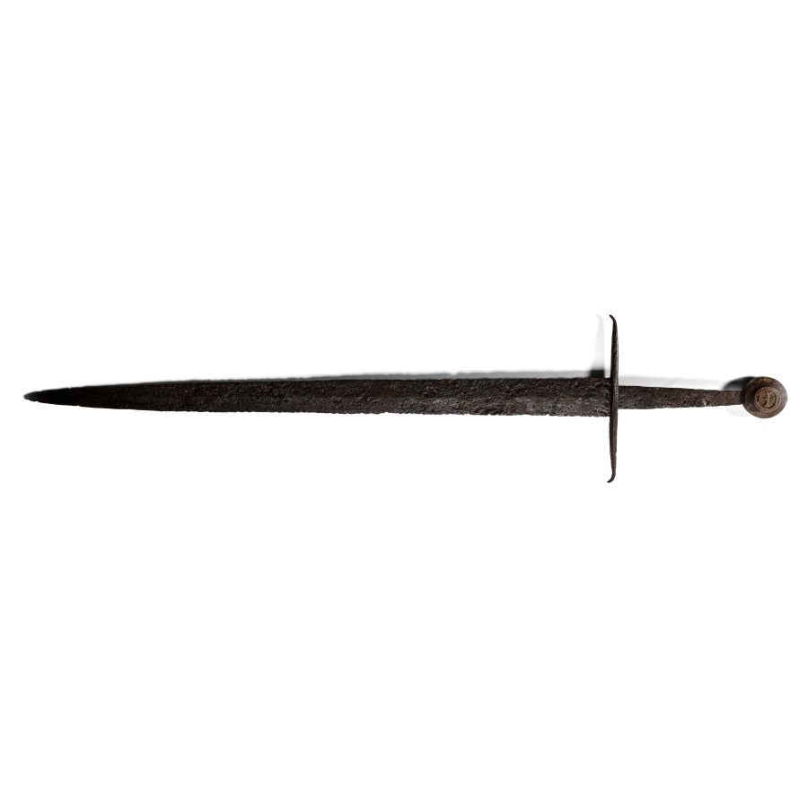 Medieval Iron Hand-and-Half Sword with Bronze Pommel with Coat of Arms