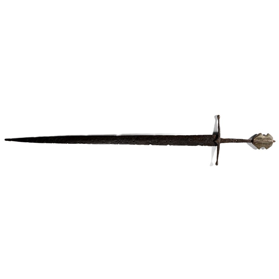 Medieval Iron Single-Handed Sword with Decorated Bronze Pommel
