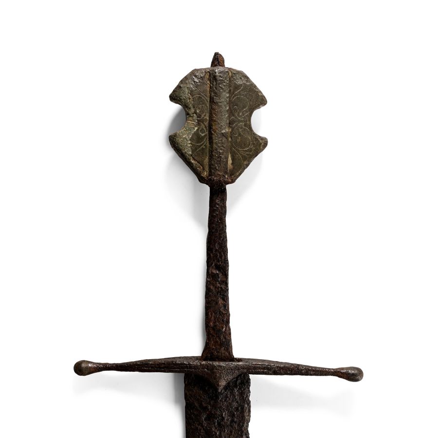 Medieval Iron Single-Handed Sword with Decorated Bronze Pommel